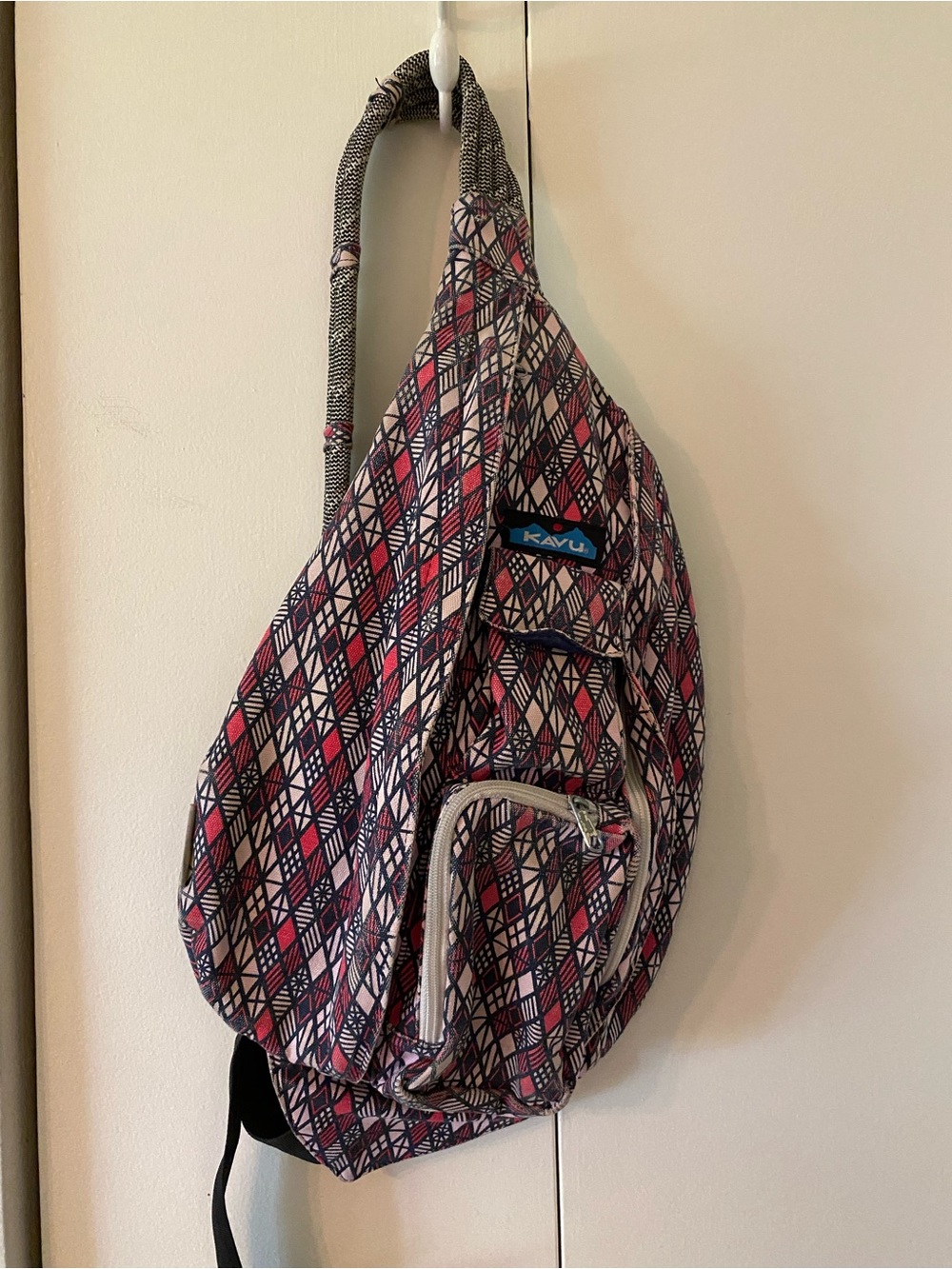 Kavu Pink and Navy Geometric Sling Backpack